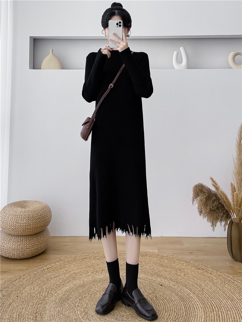 ハーフハイネック長袖ニットワンピース女性秋冬新作ゆったり薄手ボトムスインナージャンパースカート