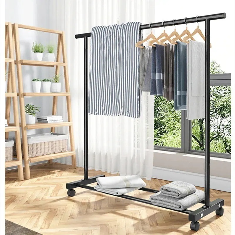 【自社生産】ハンガーラック パイプハンガー 衣類ラック物干しラック 床物干しロッド 屋内外の物干しロープ 組み立てが簡単な厚みのある物干しロープ プーリー衣類物干しラック付き 衣類収納 耐荷重75kg