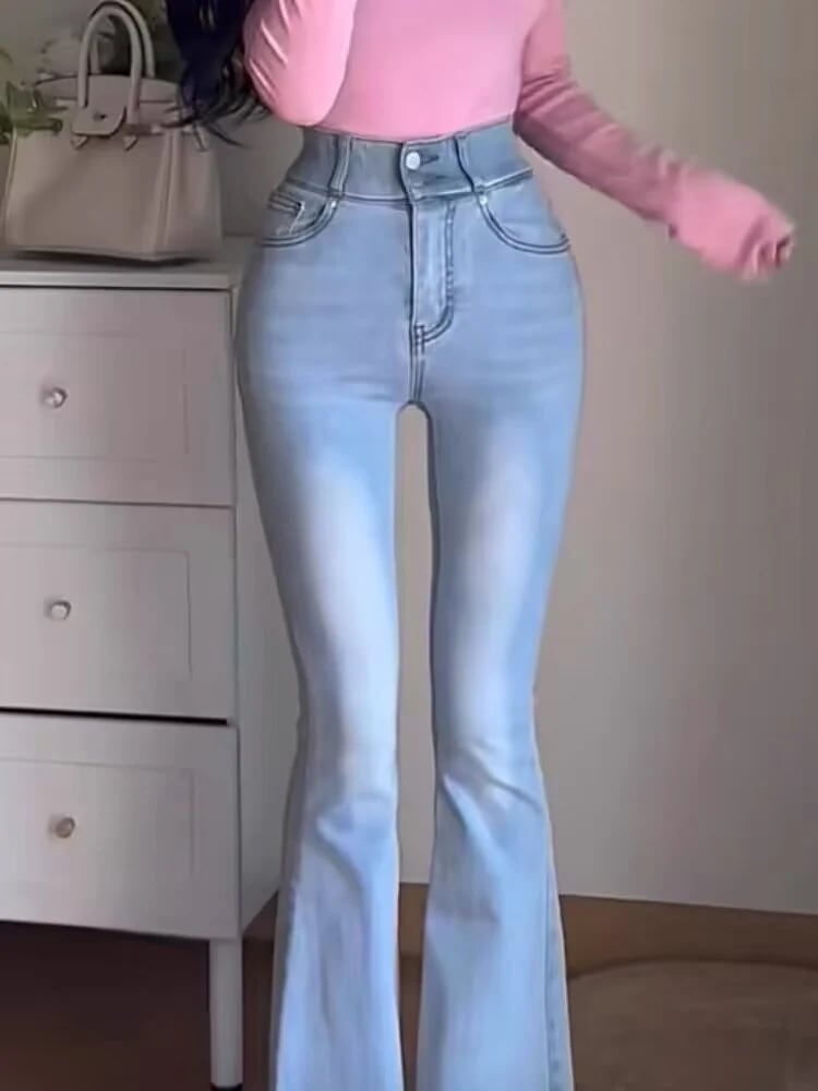 2024 初秋 デニムパンツ パンツ デニム ジーンズ スキニー ワイドレッグ ハイウエスト 脚長効果 美脚効果 細見え ダメージ加工 白 水色 カジュアル おしゃれ かわいい 韓国ファッション