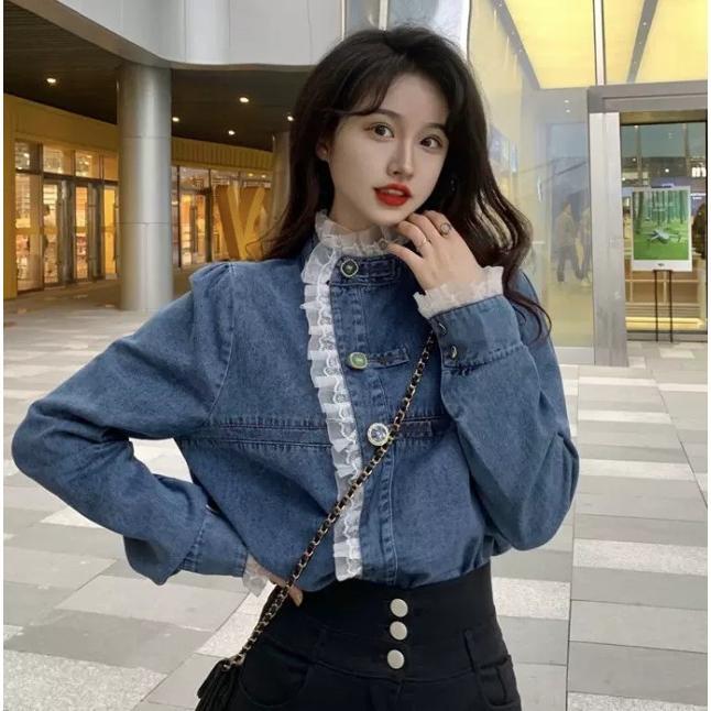 デニムシャツ レディース トップス 長袖 フリルブラウス シャツブラウス 春 秋 スタンドカラーシャツ 大きいサイズ おしゃれ ハイネック 韓国 ファッション かわいい 個性的 S M L XL