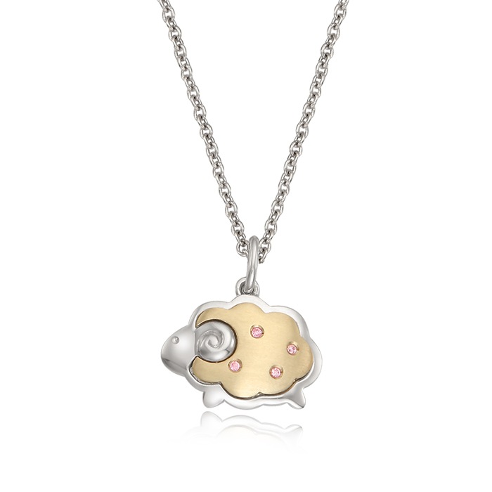 銀十二支羊ピンク立方ジルコンネックレス5Kコンビと(Silver Oriental Zodiac Lamb Pink Cubic Necklace with 5K Combi)