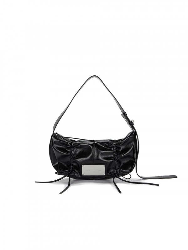HALF SHIRRING RIBBON ROUND BAG IN BLACK