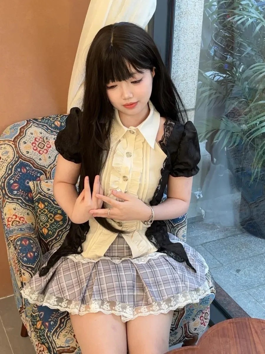 JK制服セットダークバレエスタイルスウィート魔女黒ウエストフェイクツーピースシャツグレーススプライシング格子縞スカートスーツ