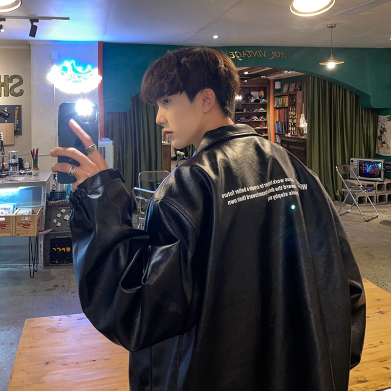 バイカーレザージャケットトップ潮puレザージャケットジャケットメンズ春のトレンドの緩い大きいサイズ