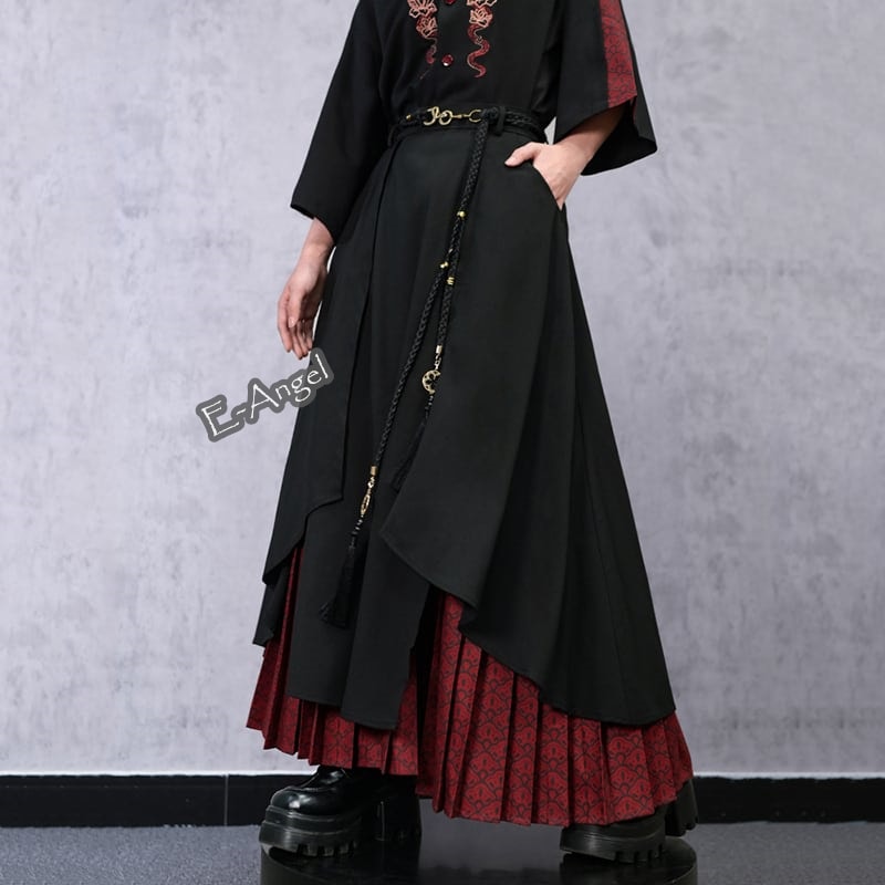 チャイナ風スカート 黒赤 切り替えスカート レイヤードスカート プリーツスカート ハイウエストスカート ボトムス 中華風 合わせやすい ポケット付き 7,303円