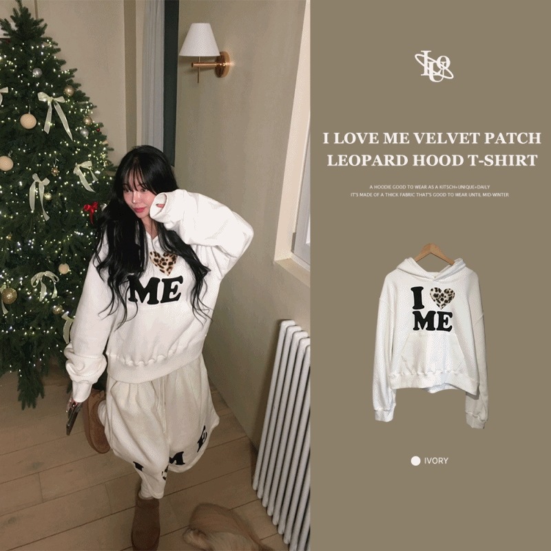 [ブランド工程/ベルベットパッチpoint] アイラブミー ベルベット レオパード パッチ 秋冬 厚め オーバーフィット ルーズ フードTシャツ