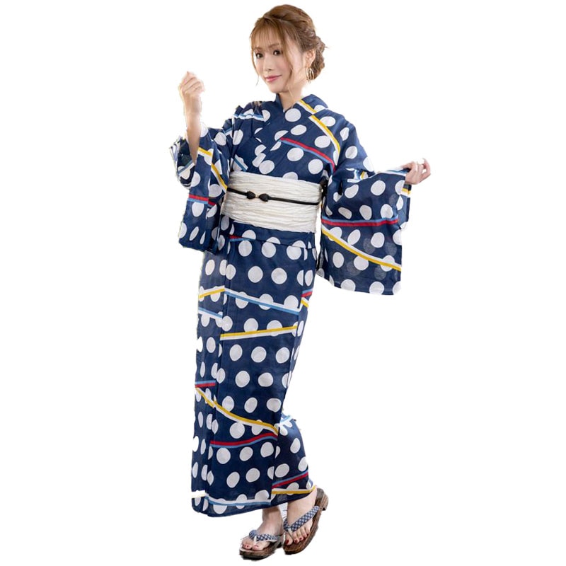【浴衣セット】紺地にレトロなドット柄ゆかた２点セット[H2301006]