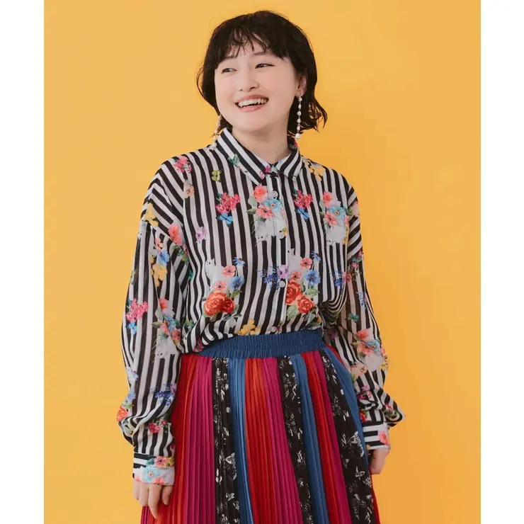 ポラロイド柄or花ネコストライプ柄 ガーゼシャツ