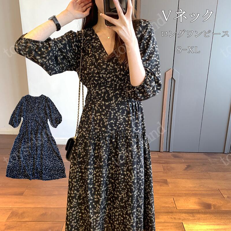 【2枚購入で1oo円OFF】リゾートワンピース レディース サマードレス ロング マキシ丈ワンピース Vネック 半袖 花柄 パフスリープ 春夏 可愛い お洒落 黒 薄手 サープリスネック キャンディス