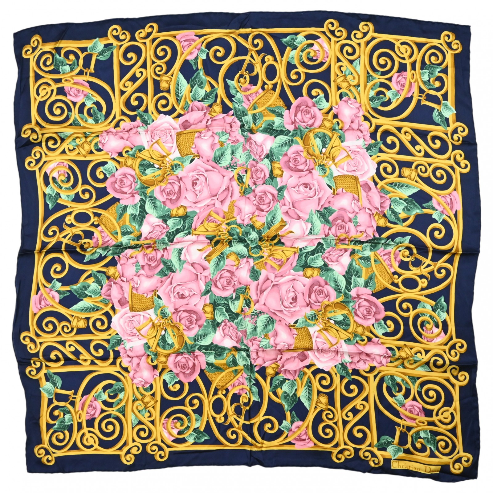ディオール ロゴ バラ スカーフ ネイビー×ゴールド Aランク di7807gr
