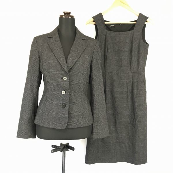 LAURA ASHLEY/ローラアシュレイ上下セットアップ/ジャケット/膝下丈ワンピース【7/レディースS/暗茶/ダークブラウン/チェック柄】BF785