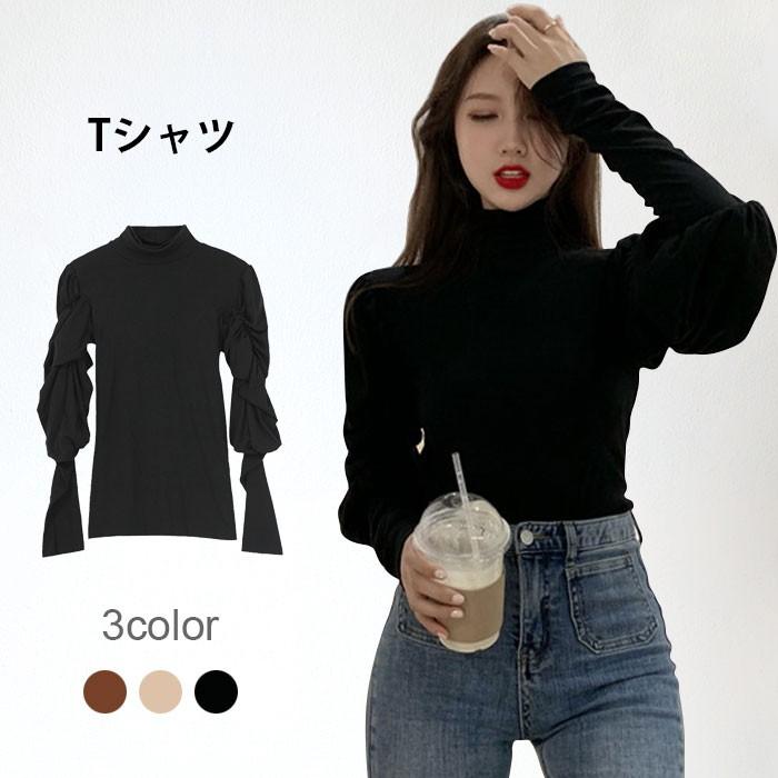 ボリュームスリーブ レディース Tシャツ 長袖 ハイネック インナーTシャツ ストレッチ 伸縮性 ギャザー 無地 トップス プルオーバー 大人可愛い バレンタイン 2023 プレゼント 5,445円