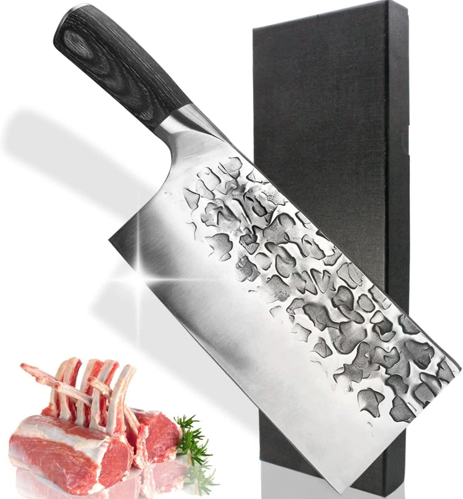 中華包丁 押さえ型 手打ち鍛造 ステンレス鋼 包丁 骨切り 肉魚野菜などに適用 持ちやすい天然木柄 家庭用194mm キッチンナイフ 料理包丁 両刃 切る 叩く 千切り 細工切りに対応 黒