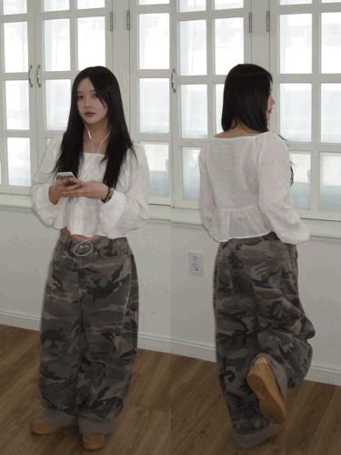 (1ONE) カモ ミリタリー メガ 綿 ワイド パンツ