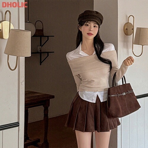 [メガ割りSALE]シャツレイヤード風リブオフショルTシャツ