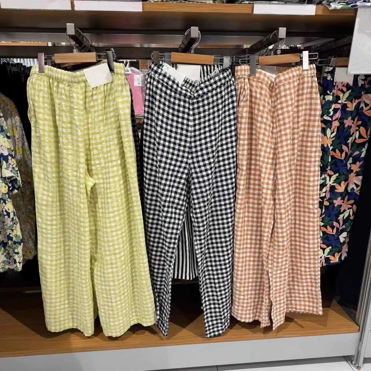 日本のシングル夏スタイルシアサッカーチェック柄伸縮性パンツカジュアルルーズストレートパンツ多用途ワイドレッグパンツ女性470316