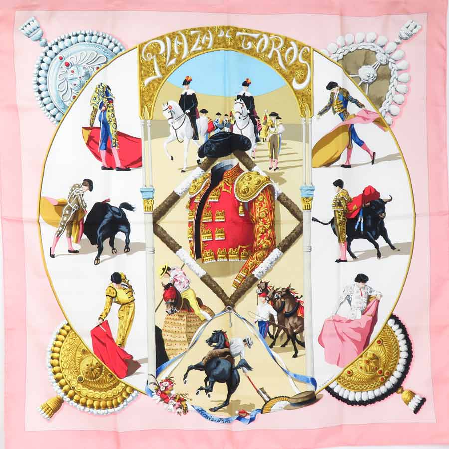 エルメス HERMES スカーフ カレ90 PLAZA DE TOROS シルク ピンク/マルチカラー レディース e59064a