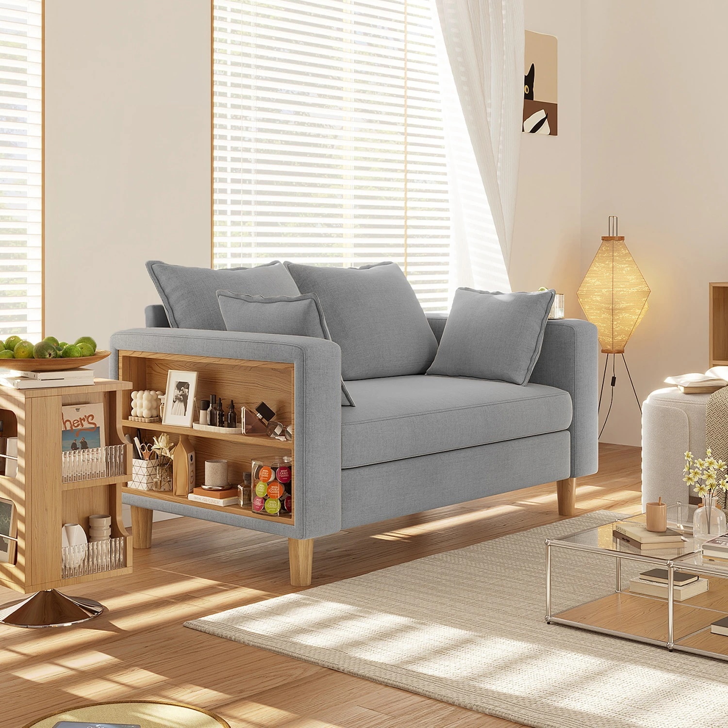 【国内発送 無-送料】1170二人掛け 収納ソファー 多機能アームレスト（カップホルダー付） 幅123cm ファブリック 高反発 ソファ 極上座り心地 洗えるカバー 天然木脚 簡単組立 省スペース