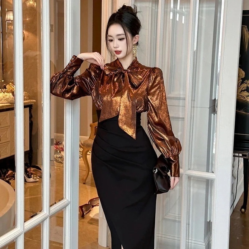 【JY.上品】 秋冬 女王風 偽2セット ワンピース 蝶結び飾り パーティードレス キャバ 着痩せ 大人 お呼ばれ 同窓会 披露宴 卒業式 結婚式 ウェディング 二次会 成人式30%までに制限