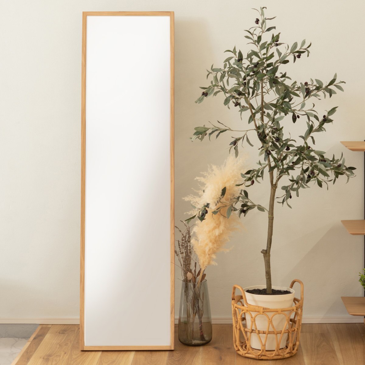 スタンドミラー 高さ158cm 全身鏡 木製 ウォールミラー 木目 フレーム オーク材 姿見 全身 壁掛け 鏡 ミラー かがみ 飛散防止 シンプル ナチュラル おしゃれ 北欧 リビング 玄関