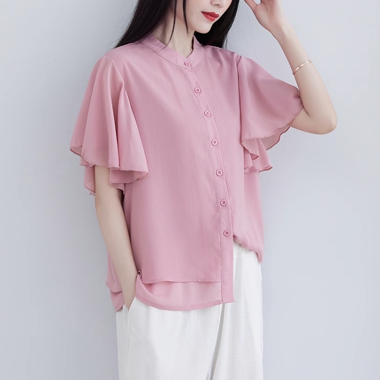 トップス ブラウス ミディアム丈 袖あり 半袖 ホルンスリーブ 萌袖 襟なし スタンドカラー シフォン 前開き かわいい 大人可愛い きれいめ シンプル 上品 おしゃれ お洒落 アジアン エスニック