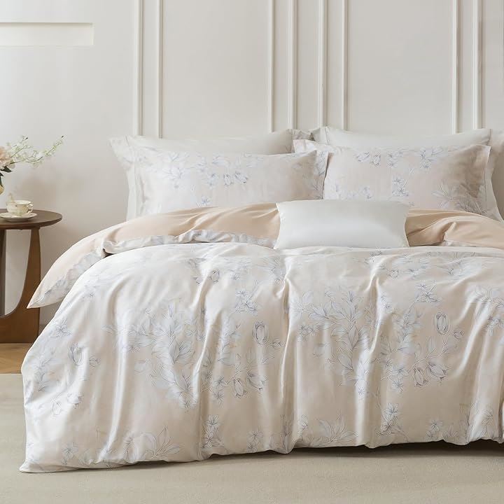 布団カバーセット 4点セット 通気性 60番手高密度織り オリジナル柄デザイン ベッドカバーセット おしゃれ 枕カバーx2 掛け布団カバーx1(Apriciel, セミダブル・SD)