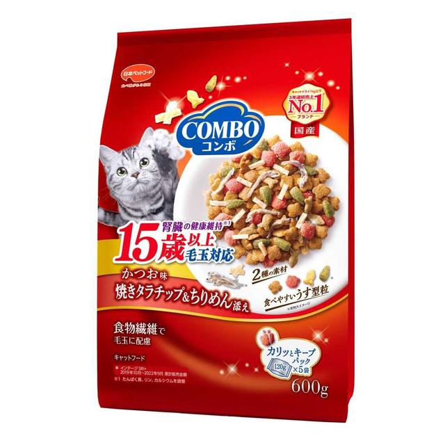 【6個セット】 日本ペットフード コンボキャット毛玉対応15歳以上かつお味・焼きタラチップ・ちりめん添え600g