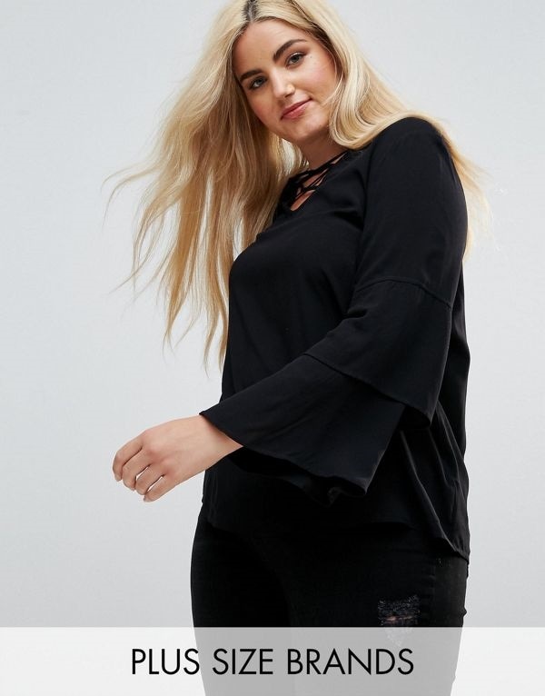 New Looks ニュールック レディース 大きめサイズ ゆったりサイズ 送料無料 Black New Look Curve Lattice Tier Sleeve Top