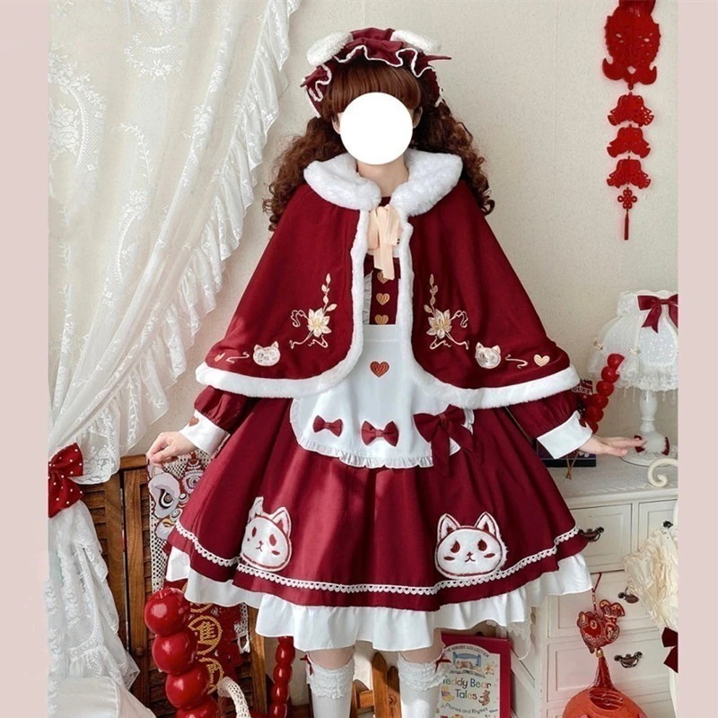厚手/薄手 新年 猫ちゃん サンタ マント付き コスプレ ドレス ロリータ ワンピースセット メガ割 福袋 裏起毛 クリスマス 蝶結び ニャンコ コスプレ マイド エプロン T