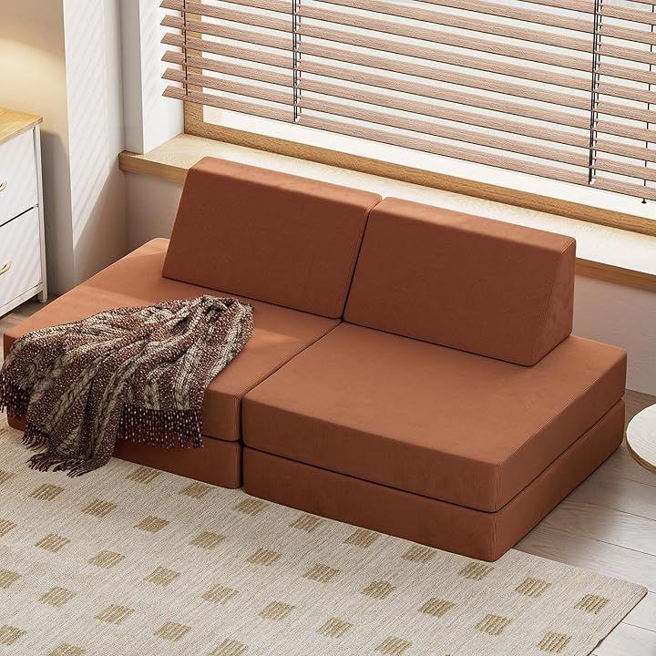 ソファベッド 2人掛け フロアソファ 3WAY 低い座椅子 折りたたみソファ ローソファ 省スペース 多機能 こたつ用 リビング 寝る 一人用 コンパクト (ブラウン, 2人掛け)