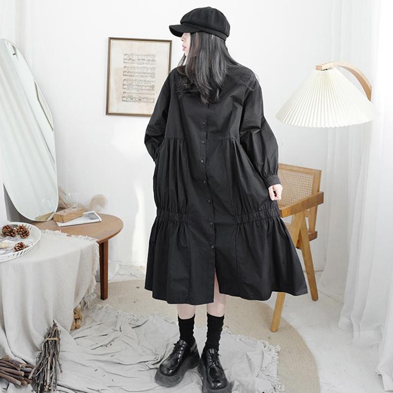 春秋新作レディースミドル丈ワンピース無地シンプルカジュアル長袖シャツスカートレディースルーズドレスプリーツデザインラージサイズカジュアルスカート無地シンプルレディーススカート
