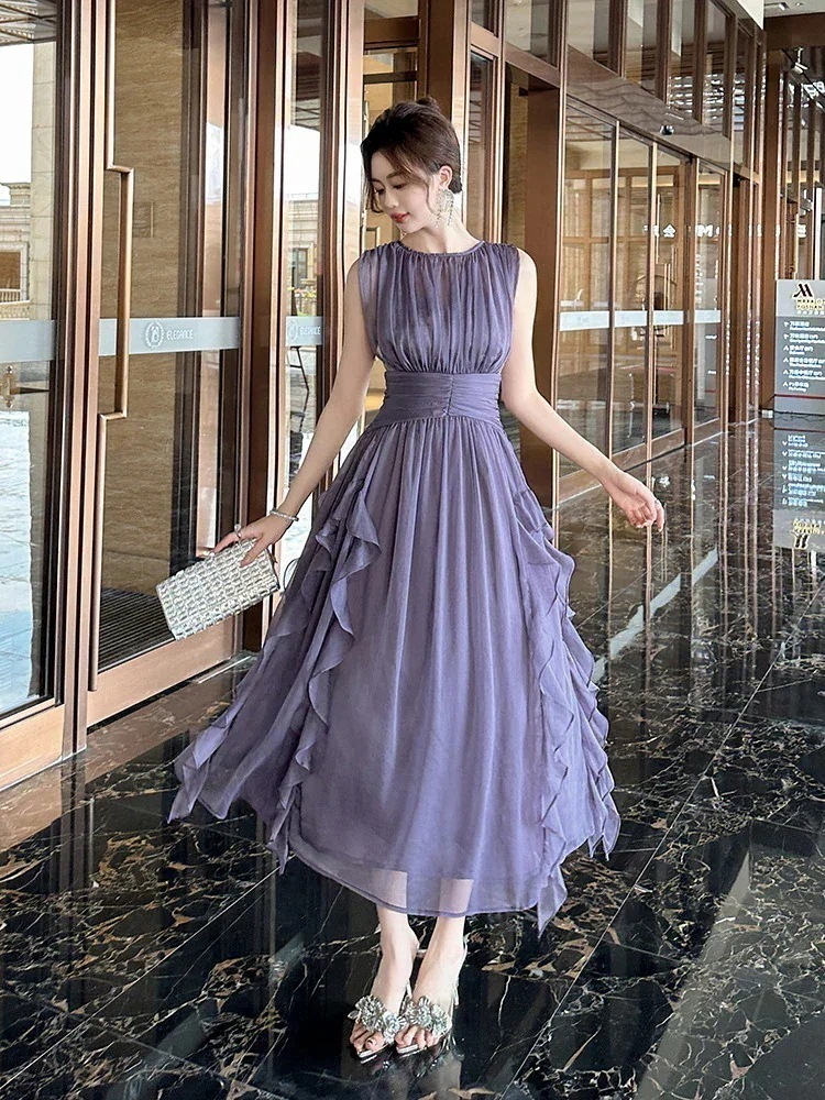 ロングスカート25 紫 フリル シフォンワンピース パープル ドレス パーティー キャバ 大人 同窓会 披露宴 卒業式 結婚式 演奏会 ウェディング 二次会 メガ割30%までに制限