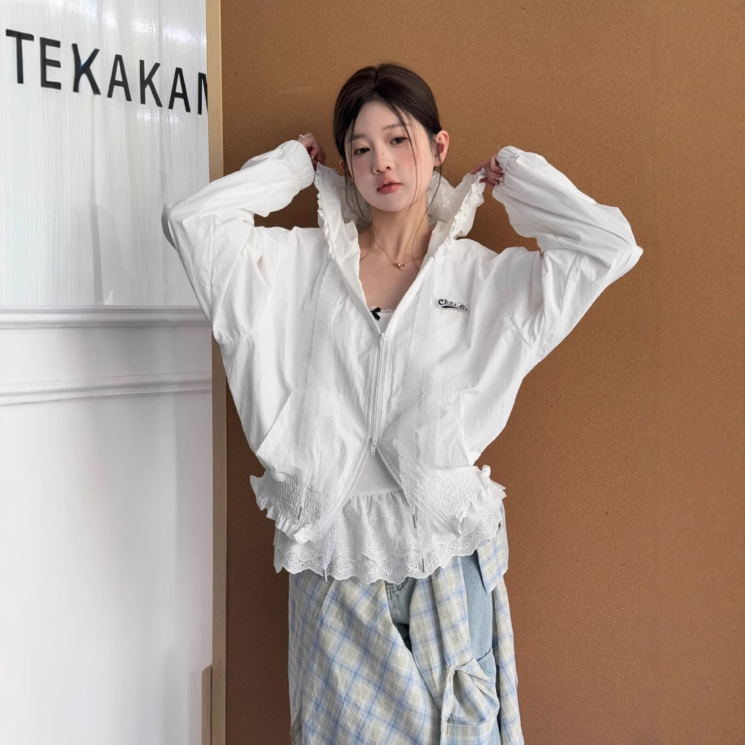 日韩风 デザイン性のあるウエストダウン速乾レースのフード付き女性用短いアウター（日焼け止め）S2987