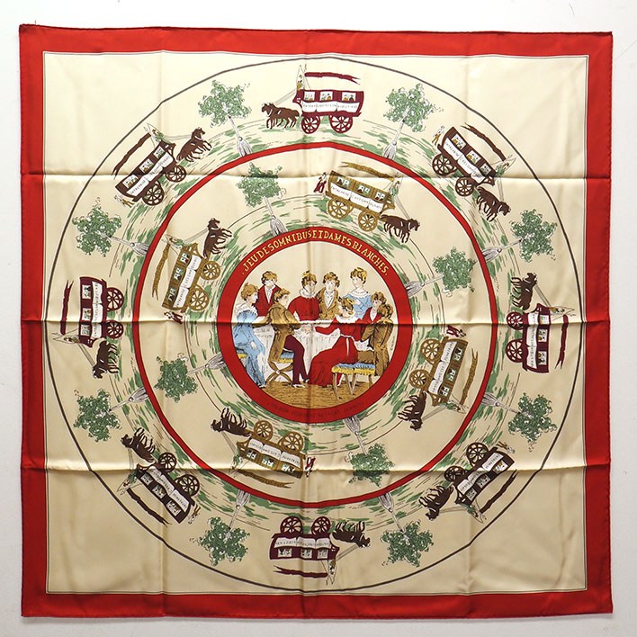 【新品同様】エルメス JEU DES OMNIBUS ET DAMES BLANCHES オムニバスと貴婦人たちの遊戯 カレ90 【レディーススカーフ】