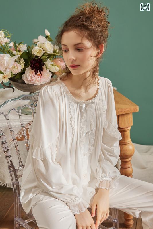 Chenxi パジャマ レディース 春秋 綿 カーディガン 2 点 セット シンプル ホーム 服 アウターウェア 白 ピンク