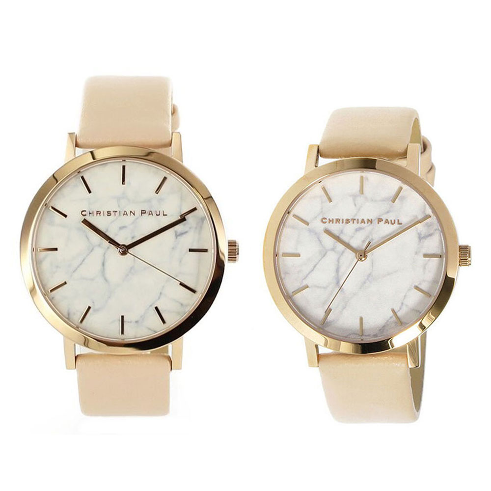 【無料特典付き！】クリスチャンポール 時計 ペアウォッチ 43mm 35mm ホワイトマーブル 大理石柄 ベビーピンク 天然皮革 MR-07MRL-02 誕生日プレゼント ポイント消化