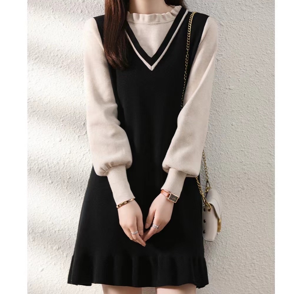 重ね着風 ワンピース ミドル丈 膝上 膝丈 長袖 ラウンドネック 襟 可愛い Aライン かわいい 可愛い きれいめ カジュアル 上品 おしゃれ お洒落 可愛い 女子 こなれ感 ラフ