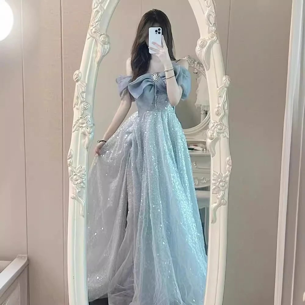 ワンピースドレスドレス女性のためのワンショルダードレスバンケット気質ホストアート試験大人ギフトふくらんでいるスカートドレス