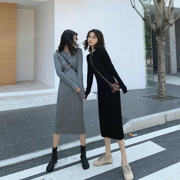Qoo10] リブ ニットワンピース タイト ワンピ
