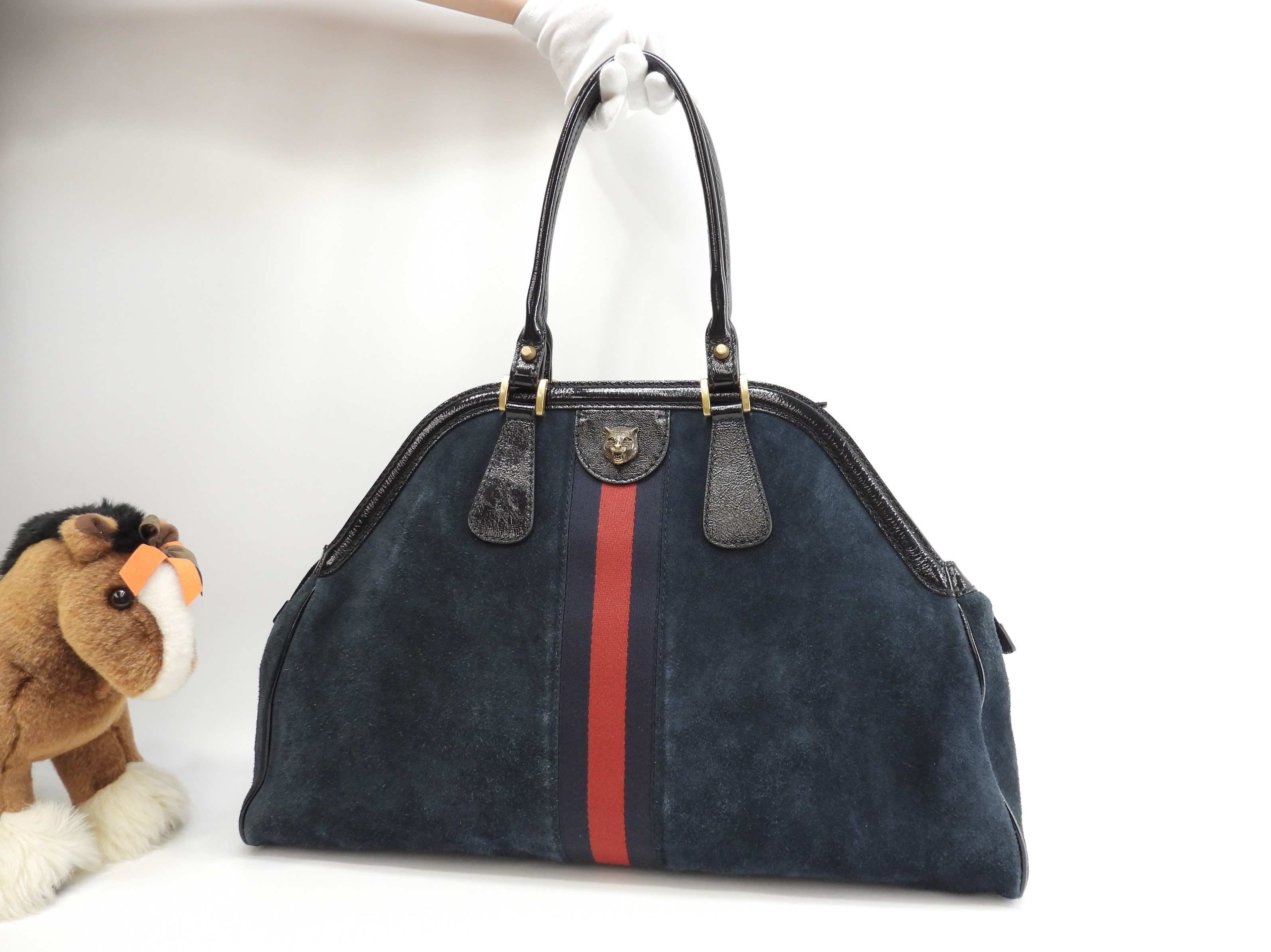 トートバッグリベル大 GGマーモント スウェード紺黒 ハンドバッグ タイガーヘッド 美品@ 6