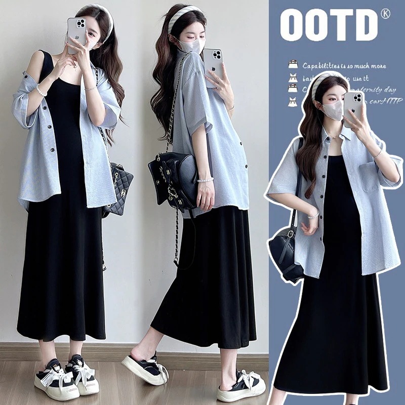 マタニティウェア マタニティ夏新作韓国ファッションストライプシャツホルタードレスツーピースマタニティドレス 16,595円