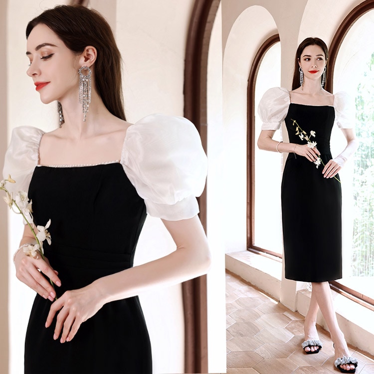 送料無料 結婚式ドレス 二次会ドレス 黒 パール エレガント ワンピースドレス フォーマル タイトドレス スリット パフスリーブ 優雅 セクシー ミディアム丈ドレス ブラック イブニングドレス 20代ドレス