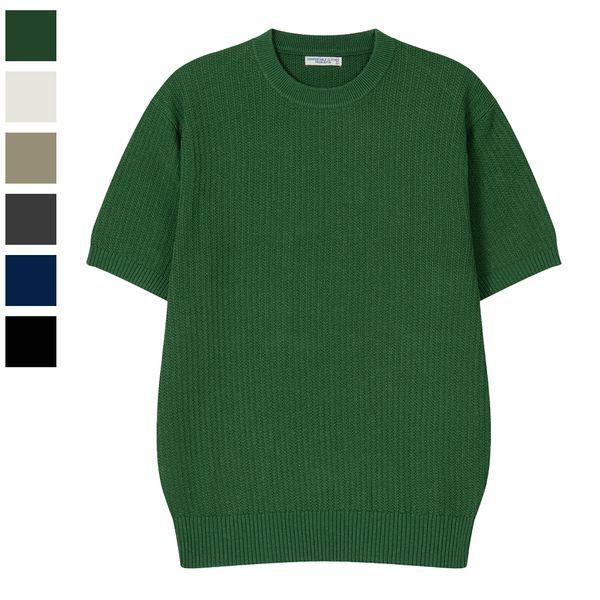 メンズレールリネンラウンド半袖ニットTシャツ AS KNH Q029 グリーン_P422608871