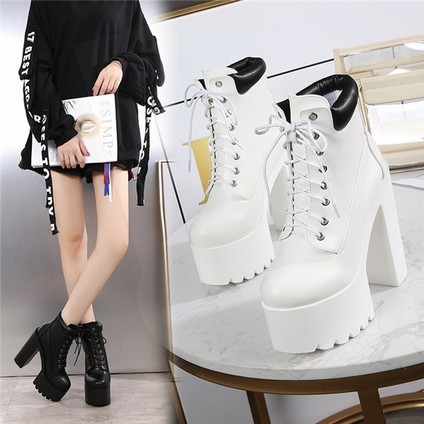 厚底 ブーツ 太め ヒールブーツ レースアップ ブーツ チャンキーヒール ハイヒール ショートブーツ 編み上げブーツ おしゃれ 日常 ブラック レディースシューズ 美脚 カジュアル おしゃれ レディー