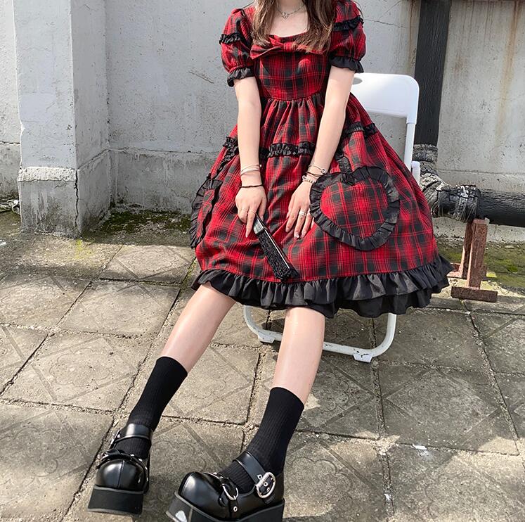 ニューサマーガールロリータボウレッドドレススウィートプレッピースタイル気質カワイ