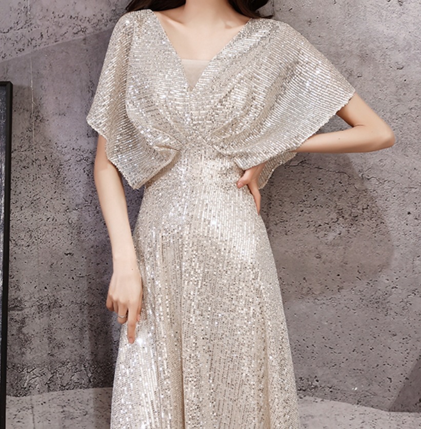 高品質の人気 ドレス イブニングドレス ミディアム丈 半袖 フレアスリーブ フレンチスリーブ ドロップショルダー ドレス