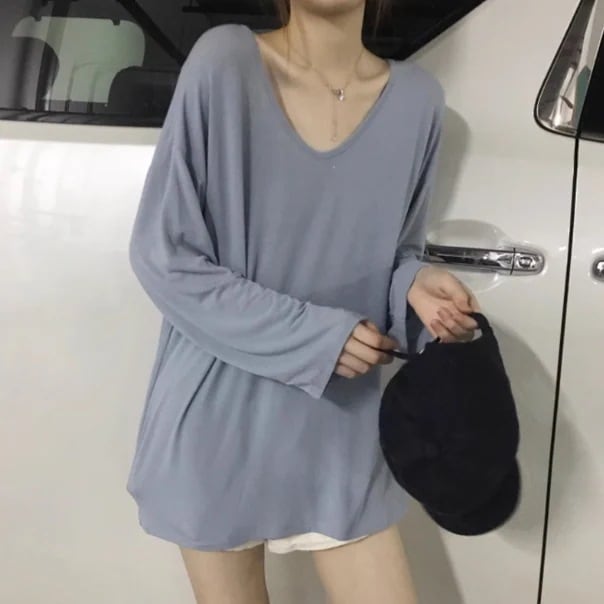レディース トップス カットソー 長袖 Vネック 無地 薄手 オーバーサイズ 伸縮性 かわいい 大人 きれいめ シンプル カジュアル 上品 おしゃれ かっこいい レトロ こなれ感 ガーリー ルーズ