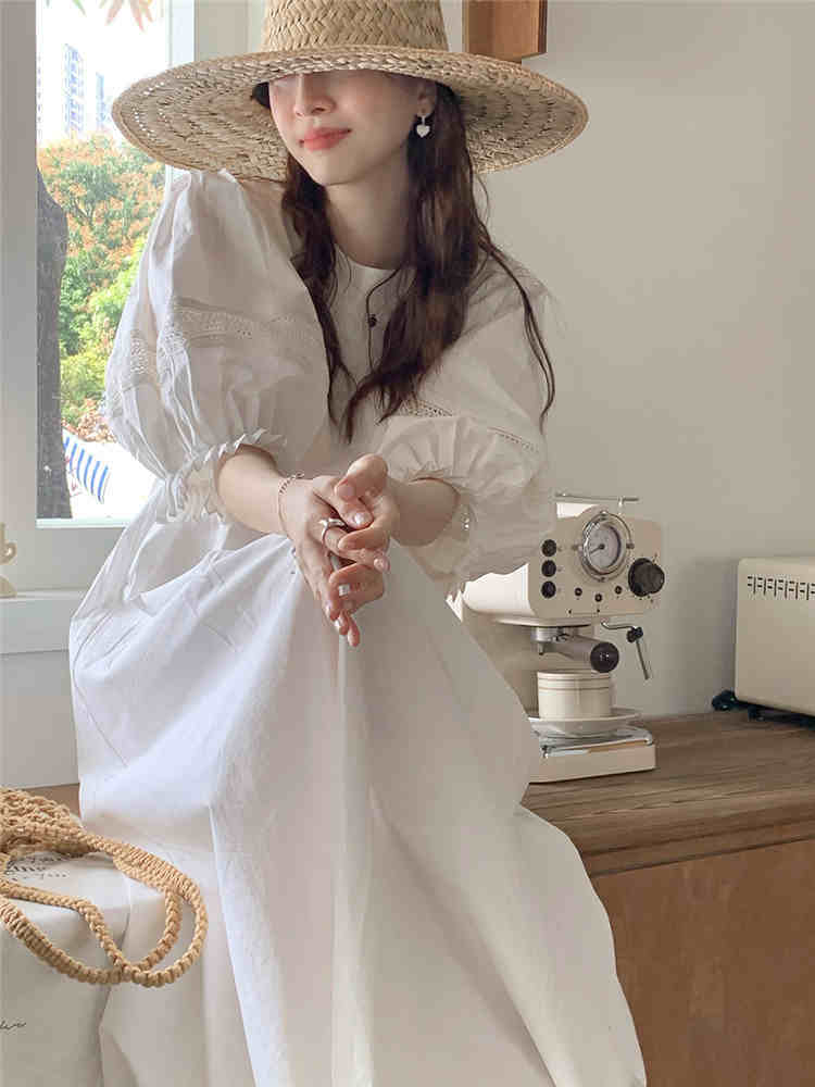 ワンピース レディース レース パフスリーブ ロング 半袖 5分袖 ボリューム袖 ラウンドネック Aライン かわいい ガーリー シンプル 上品 お洒落 ゆったり レトロ お出かけ 白 S M L XL