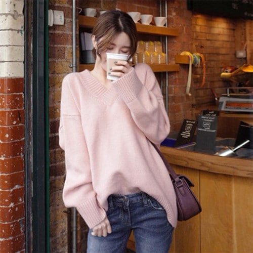 大人可愛い ふんわり ルーズ ざっくり Vネック ニット 長袖 無地 カジュアル 秋冬 C-010