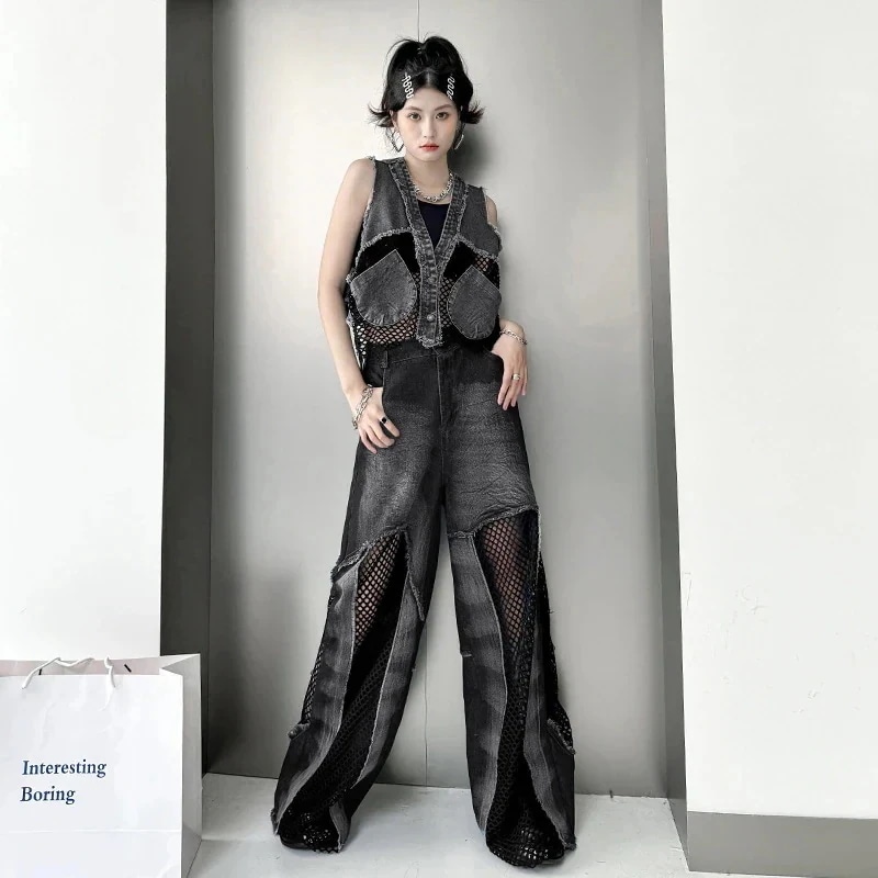 2024作おしゃれ百掛けデニムパンツワイドパンツ切り替え気質韓国ファッションスキニーパンツテーパードパンツ